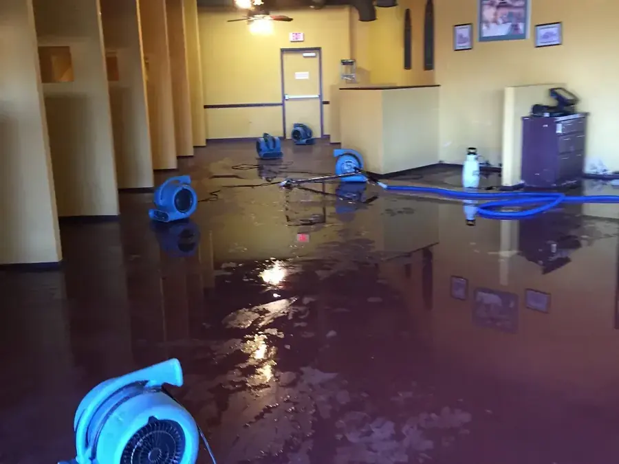 Restoration technician extracting standing water from a flooded Spicewood, TX home