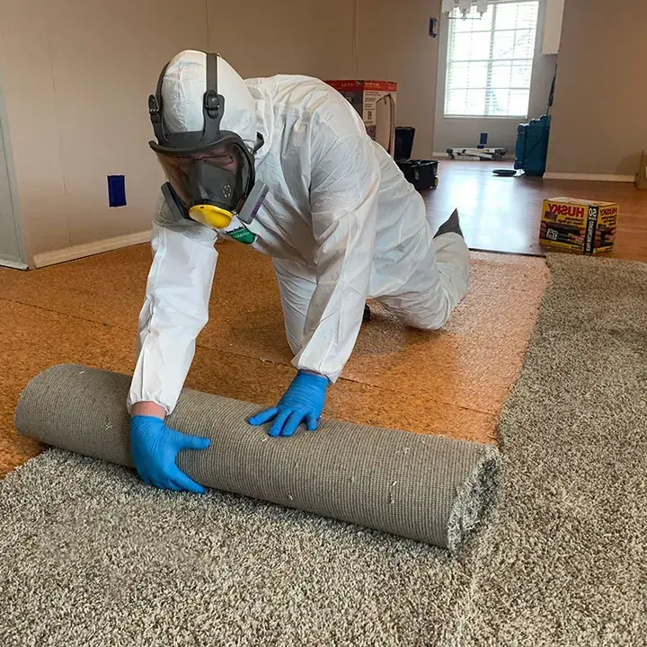 Air movers drying a water damaged Lake Travis home after a flood