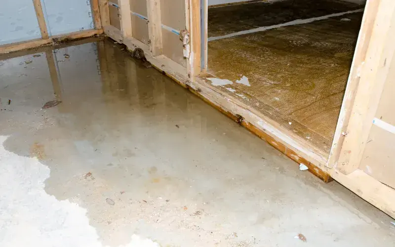 Standing floodwater across a Spicewood, TX floor after flash flooding