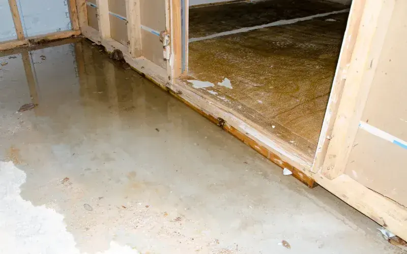 Flood-cut drywall and pooled water at the base of a Hill Country foundation wall