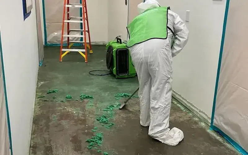 A technician in protective gear disinfecting a contaminated wet floor in Spicewood, TX